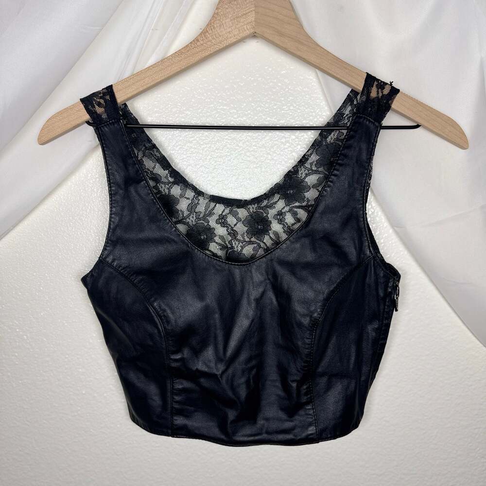 Vintage Genuine 100%  Leather Lace Top Black Harley Biker Tank Crop Goth